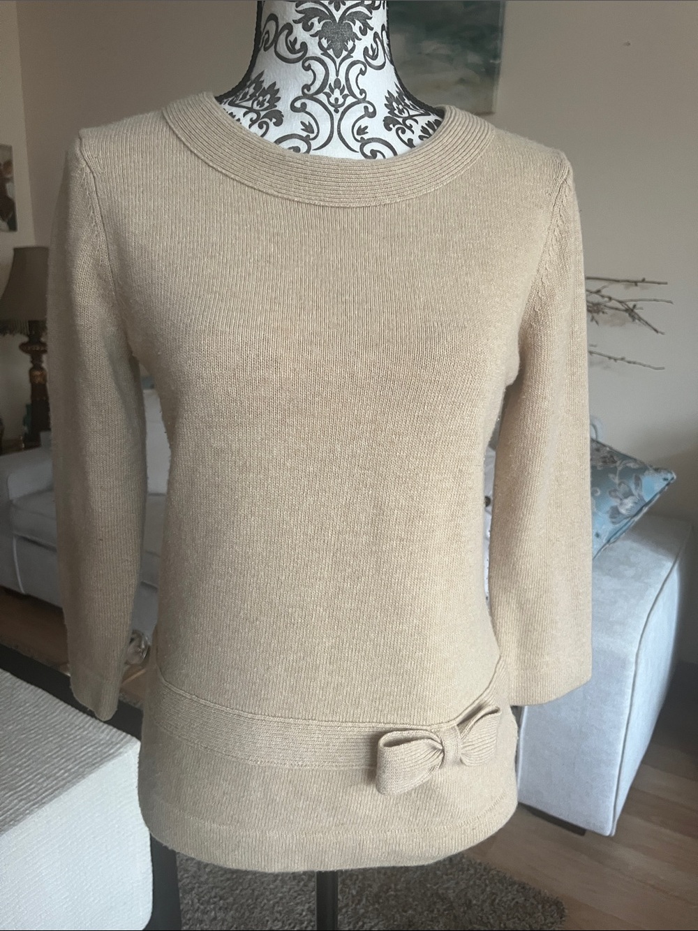 Lamb wool Brooks Brothers Beige Crewneck Sweater with Side Bow